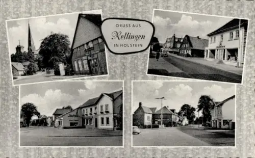 Ak Rellingen in Holstein, Teilansichten, Straßenpartie, Kirchturm, Geschäftshaus