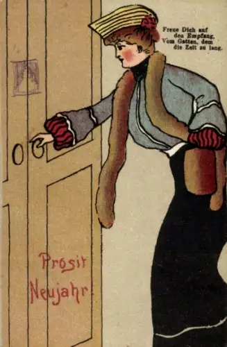 Künstler Ak Handgemalt, Prosit Neujahr, Frau empfängt ihren Gatten