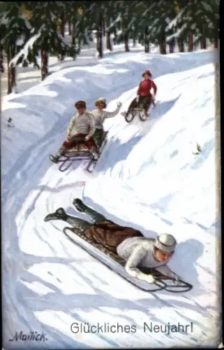 Künstler Ak Mailick, Glückliches Neujahr, Fröhliches Rodeln