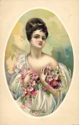 Künstler Ak Cherubini, Frauenportrait, Blumen