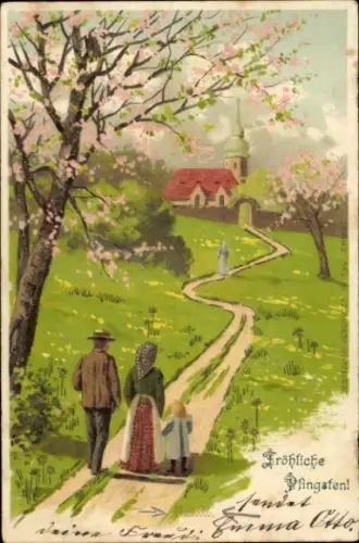 Litho Fröhliche Pfingsten, Bauernfamilie, Kirche