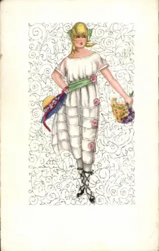 Künstler Ak Frauenportrait im Rüschenkleid