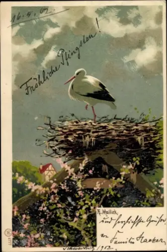 Künstler Ak Mailick, Frohe Pfingsten, Storchennest