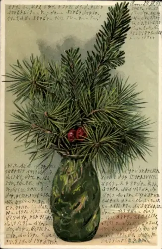Ak Vase mit Tannenzweigen und roten Beeren