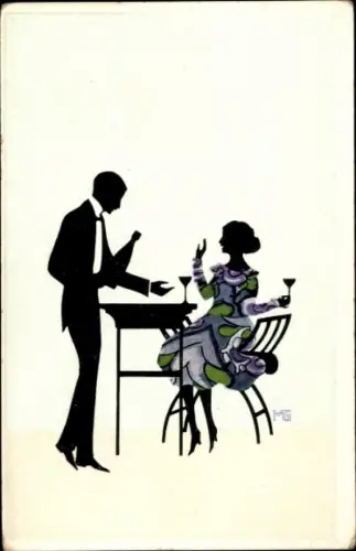 Künstler Scherenschnitt Ak Frau verzichtet auf Nachschank des Weines, Kellner