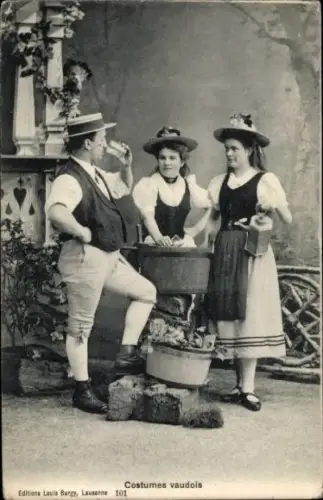 Ak Kanton Waadt, Mann und zwei Frauen in Tracht