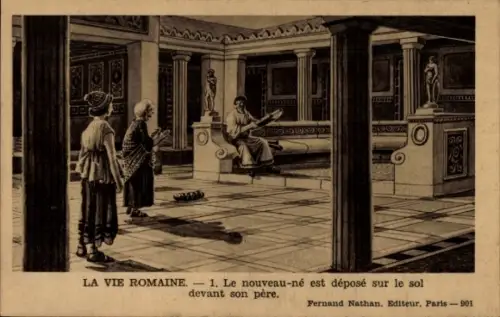 CPA La vie Romaine, Le nouveau-né est déposé sur le sol devant son père