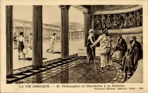 CPA Le vie Greque, Philosophes et Discoboles à la Palestre