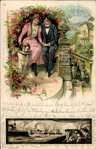 Litho Liebespaar mit Hund, Seemann, Kriegsschiff