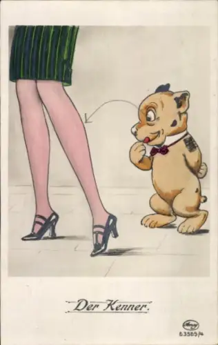 Künstler Ak Der Kenner, Hund schaut auf Frauenbeine