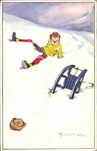 Künstler Ak Ein Junge liegt im Schnee, daneben ein umgekippter Schlitten.