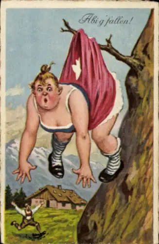 Ak Abi g'fallen, Frau in Unterwäsche hängt an einem Ast nach Sturz von einer Klippe