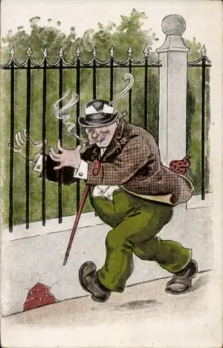 Künstler Ak Betrunkener Mann mit Zigarre an einen Zaun gelehnt