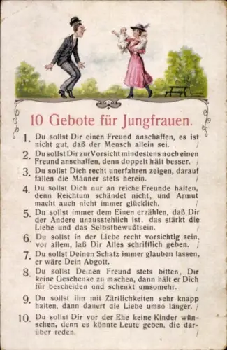 Ak 10 Gebote für Jungfrauen, Humor