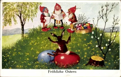 Ak Frohe Ostern, singende Zwerge, Osterhase dirigiert, Osterei