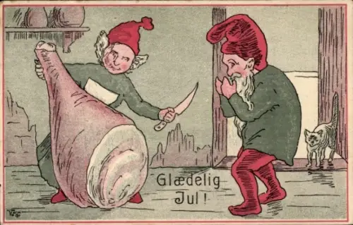 Ak Frohe Weihnachten, Zwerge, Schinken