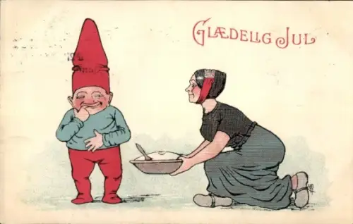 Ak Frohe Weihnachten, Frau kniet vor dem Zwerg