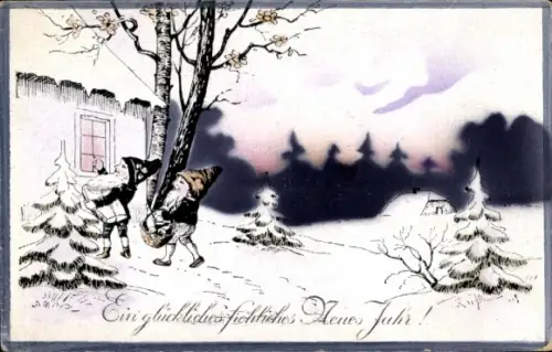 Ak Fröhliches Neujahr, Zwerge am Fenster