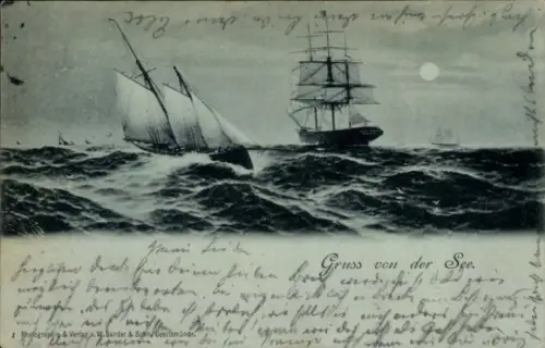 Mondschein Ak Segelschiffe auf hoher See bei Nacht