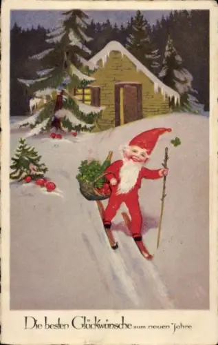 Ak Glückwunsch Neujahr, Zwerg fährt Ski, Sektflasche, Glücksklee