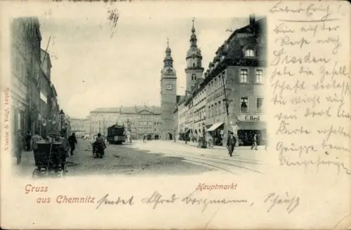 Ak Chemnitz in Sachsen, Hauptmarkt,  Gebäude, Straßenansicht, Menschen, Straßenbahn