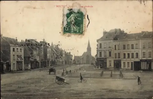 Ak Routot Eure, Stadtansicht, Gebäude, Straße, Pferdekutsche, Radfahrer