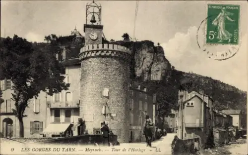 Ak Meyrueis Lozère, Historische Uhr, Steinturm, Gorges du Tarn, Poststempel