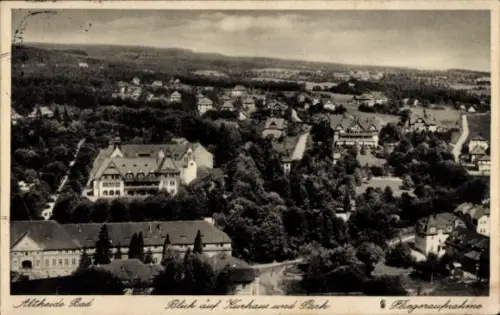 Ak Polanica Zdrój Bad Altheide Schlesien, Blick auf Kurhaus und Park, Fliegeraufnahme