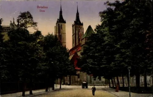 Ak Wrocław Breslau Schlesien, Straßenpartie mit Blick zum Dom