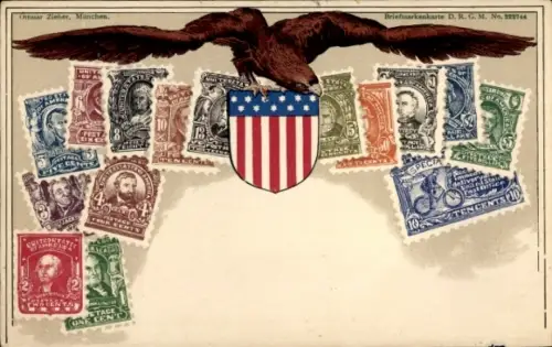 Briefmarken Wappen Ak USA, Amerikanische Fahne, Adler