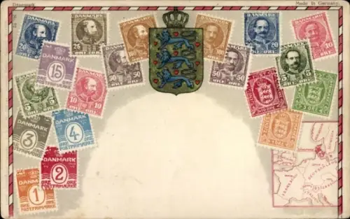 Briefmarken Ak Dänemark, Wappen, Landkarte