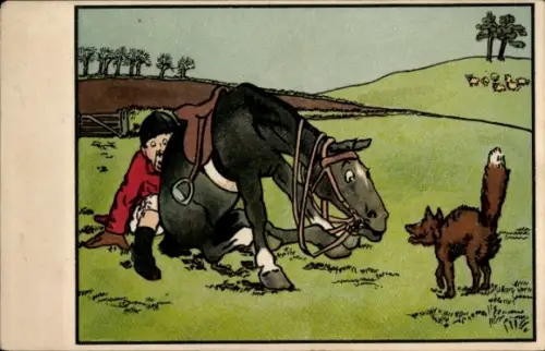 Künstler Ak Mann versteckt sich hinter dem Pferd, Fuchs, Begegnung