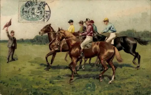 Präge Ak Pferderennen, Reiter, Start