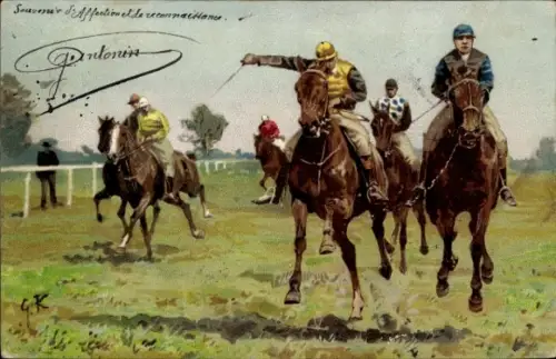 Künstler Ak Jockeys während eines Pferderennens