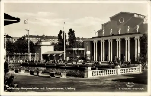 Ak Göteborg Schweden,  Kongresshallen, Spegeldammen, Liseberg, Flagge, Brunnen, Menschen