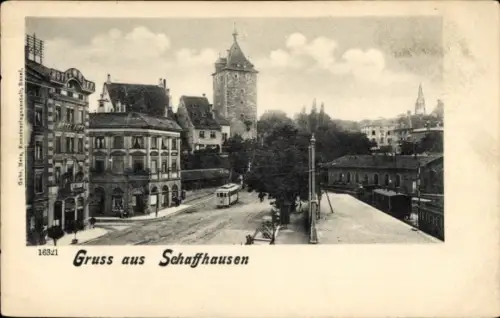 Ak Schaffhausen am Rhein Schweiz, Straßenbahn, Häuser, Turm