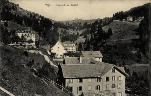 Ak Rigi Staffel Kanton Schwyz, Berglandschaft, mehrere Gebäude, Bäume, keine Personen