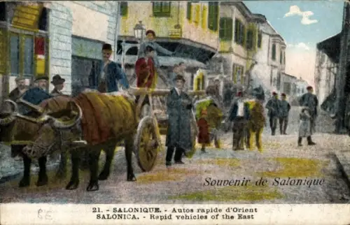 Ak Salonique Saloniki Thessaloniki Griechenland,  Menschen mit Ochsenkarren, Straßenansicht, Souv