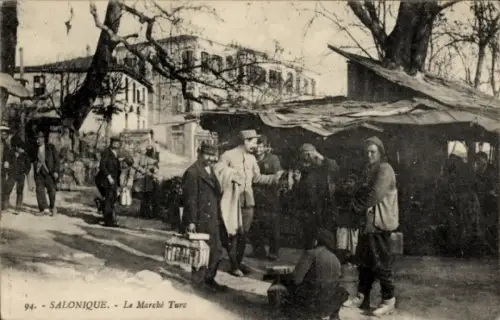 Ak Salonique Saloniki Thessaloniki Griechenland, Markt mit Ständen, Menschen, Bäume, Beschriftung