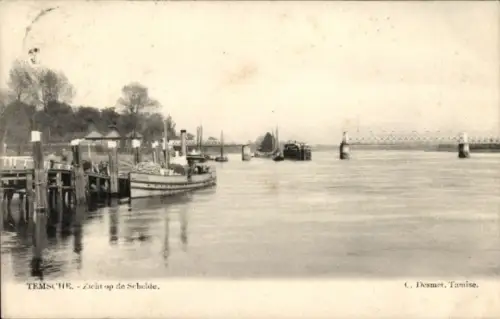 Ak Tamise Temse Temsche Ostflandern, Blick auf den Fluss, Boote, Uferpromenade, Bäume, ruhiges Wa