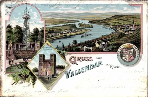 Litho Vallendar am Rhein, Panoramaansicht, Kaiser Friedrich Turm, Klosterruine Schönstätt, Wappen