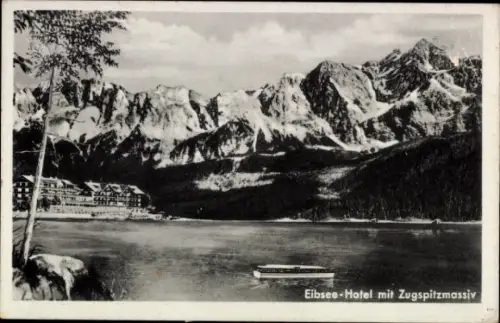 Ak Grainau in Oberbayern, Eibsee, Eibsee-Hotel, Zugspitzmassiv