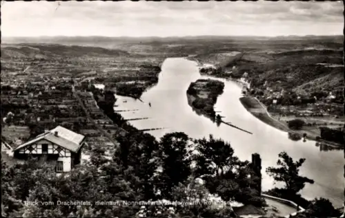 Ak Königswinter am Rhein, Blick vom Drachenfels, Rhein, Nonnenwerth, Rolands