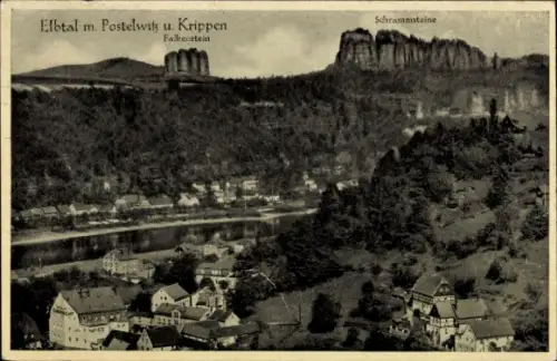 Ak Postelwitz und Krippen Bad Schandau Sächsische Schweiz, Falkenstein, Schrammsteine