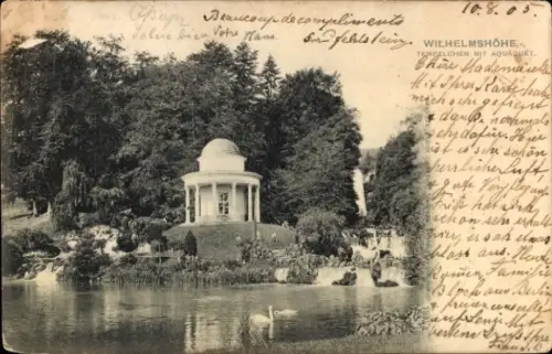 Ak Bad Wilhelmshöhe Kassel in Hessen,  Tempelchen mit Aquädukt, Wasserfall, Schwäne