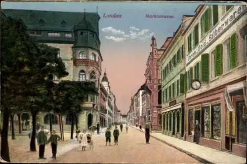 Ak Landau in der Pfalz,  Marktstraße, Menschen auf der Straße, Geschäfte, Bäume