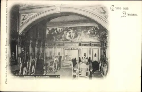 Ak Schnoor Bremen, Rathskeller, Bachuszimmer, Tische, Stühle, Wandmalerei