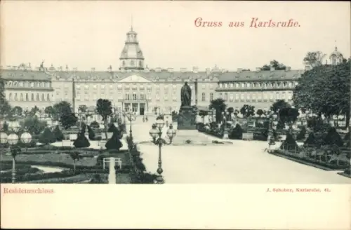 Ak Karlsruhe in Baden, Gruss aus  Residenzschloss, Statue im Park, Laternen