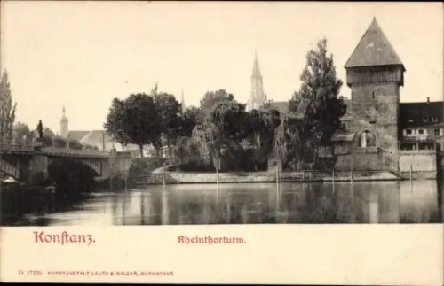 Ak Konstanz am Bodensee,  Rheinthorturm, Wasser, Bäume,  Architektur