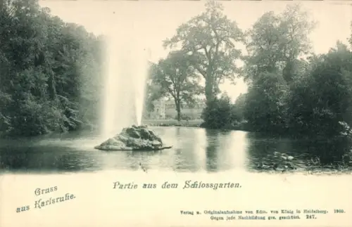 Ak Karlsruhe in Baden, Brunnen, Schlossgarten, Bäume, Wasser,  von 1900